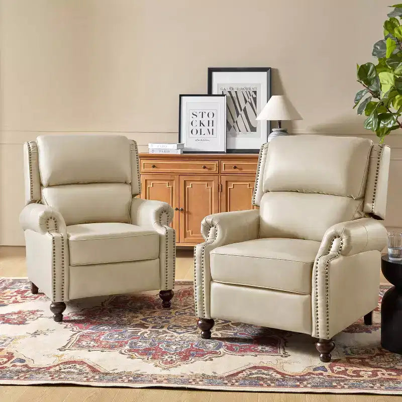 2er-Set Elisabete Modern Wingback Echtleder-Liegesessel mit Vintage-Nagelkopfleiste für Wohn- und Schlafzimmer | ART OF LIVING DESIGNS