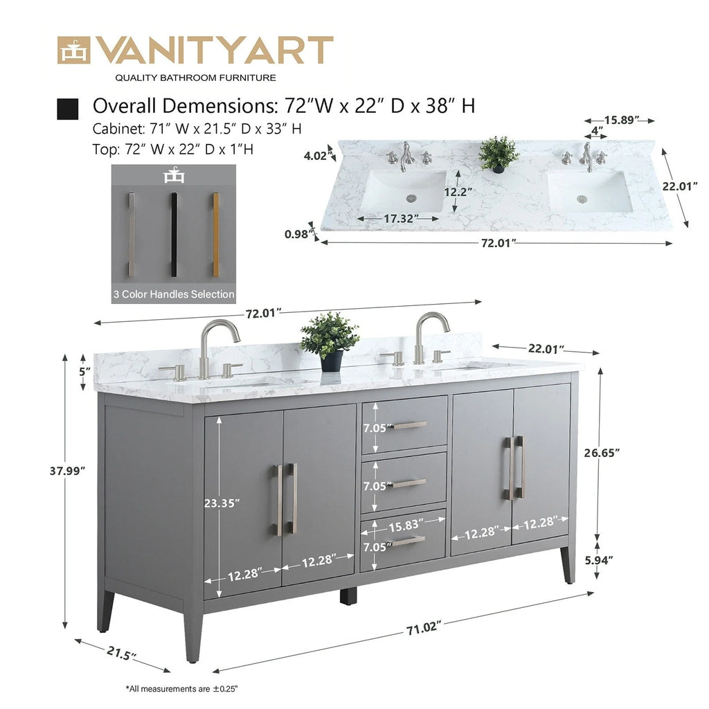 Vanity Art 72 Zoll Badezimmer-Waschtischunterschrank mit Doppelwaschbecken und Kunstmarmorplatte