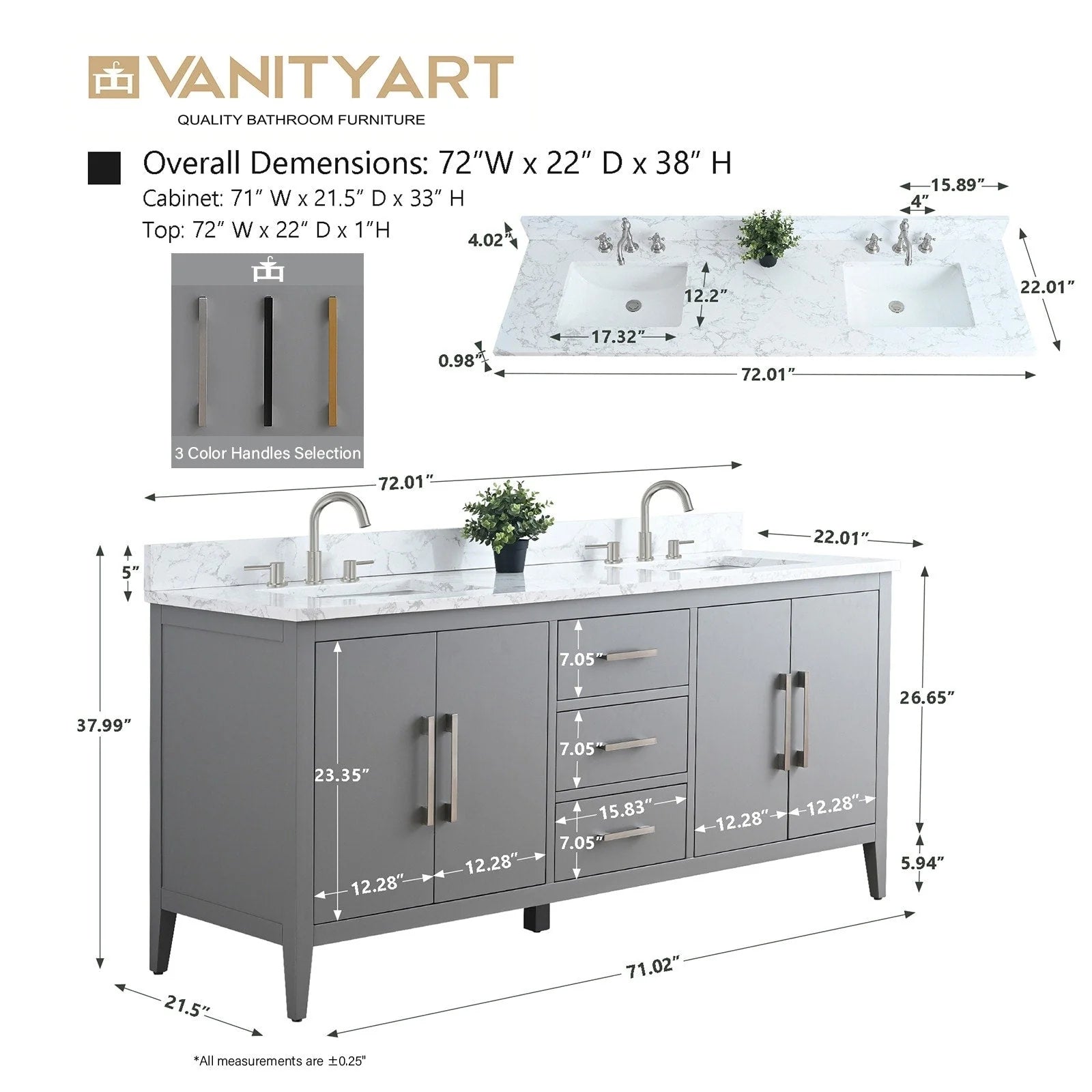 Vanity Art 72 Zoll Badezimmer-Waschtischunterschrank mit Doppelwaschbecken und Kunstmarmorplatte