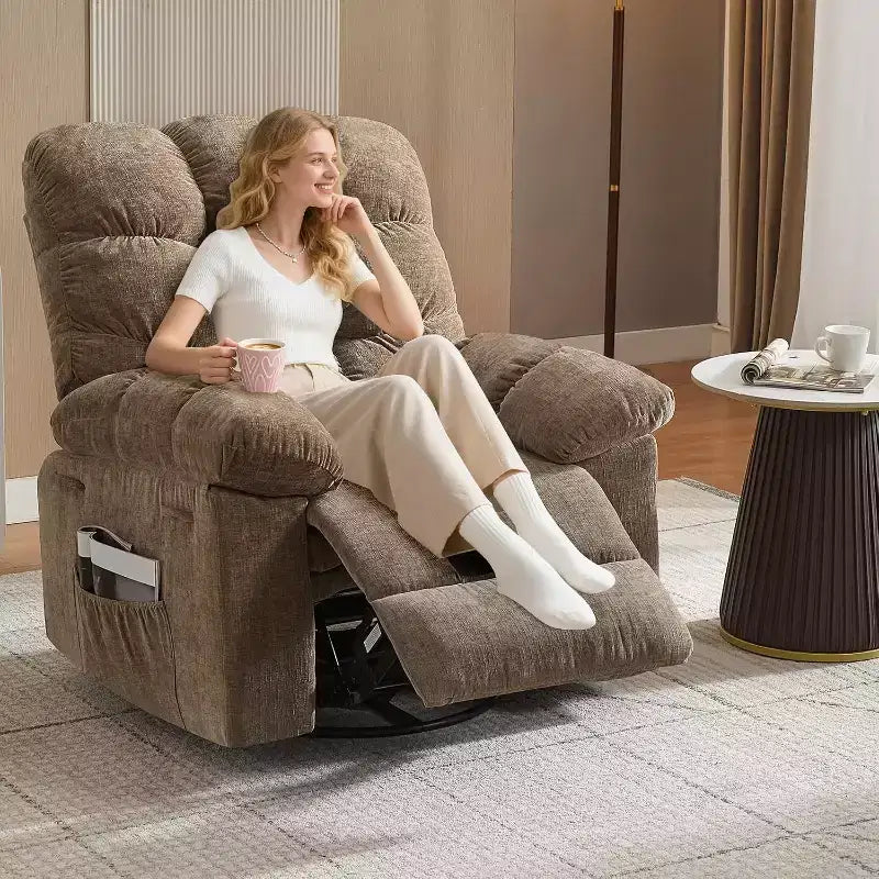 Massage-Liegesessel mit Heizfunktion – 360° drehbarer Schaukelstuhl, überdimensioniertes Einzelsitzer-Sofa mit Vibration, USB-Anschluss und Aufbewahrungstaschen für Wohnzimmer/Schlafzimmer