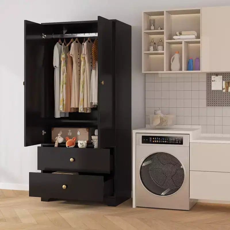 71 Zoll Moderner Kleiderschrank aus Holz mit 2 Türen, 2 Schubladen, verstellbaren Einlegeböden, Kleideraufbewahrungsschrank und Kleiderstange