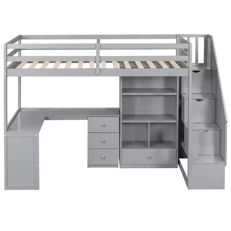 Hochbett in Twin-Größe mit L-förmigem Schreibtisch, 3 Schubladen, Schrank, Treppenstauraum, aus massivem Kiefernholz/MDF gefertigt