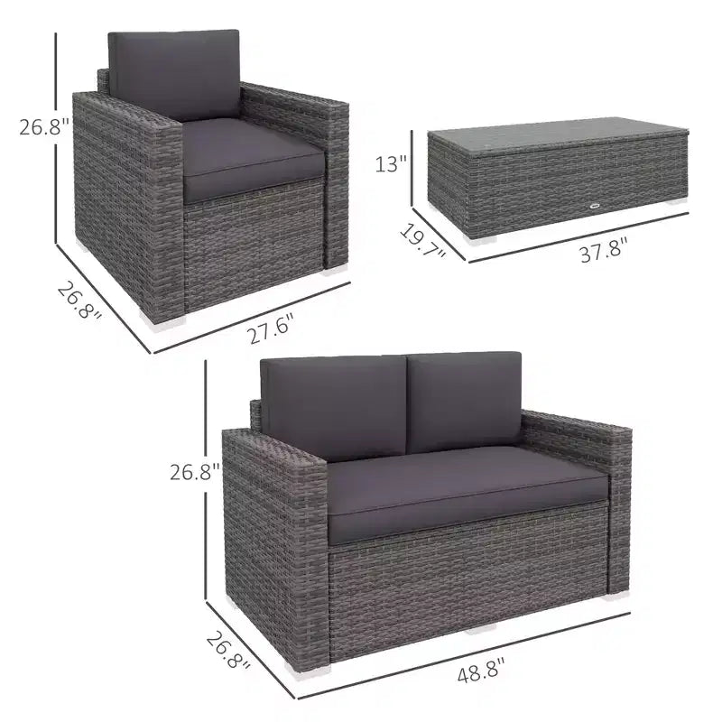 4-teiliges Rattan-Sofa-Set, Korbsessel-Set mit Zweisitzer, Couchtisch mit Glasplatte für Garten und Außenbereich