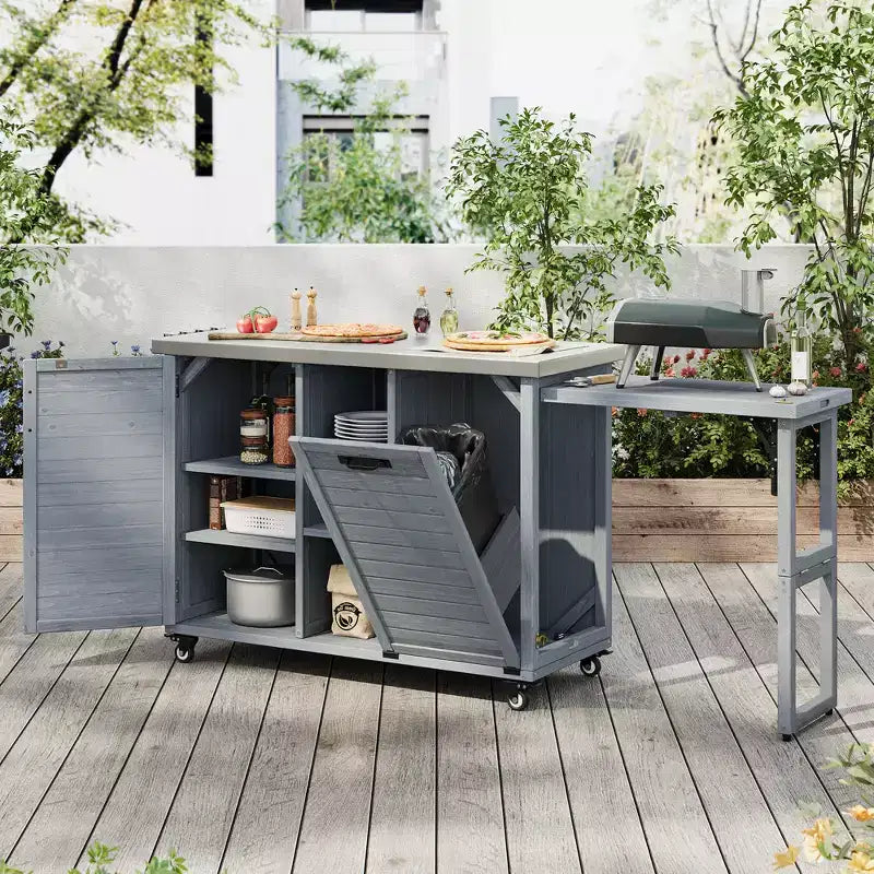 FAMYYT 78,3-Zoll-Outdoor-Kücheninsel mit Edelstahl-Arbeitsplatte, faltbarer BBQ-Station und Aufbewahrungsschränken, Graublau