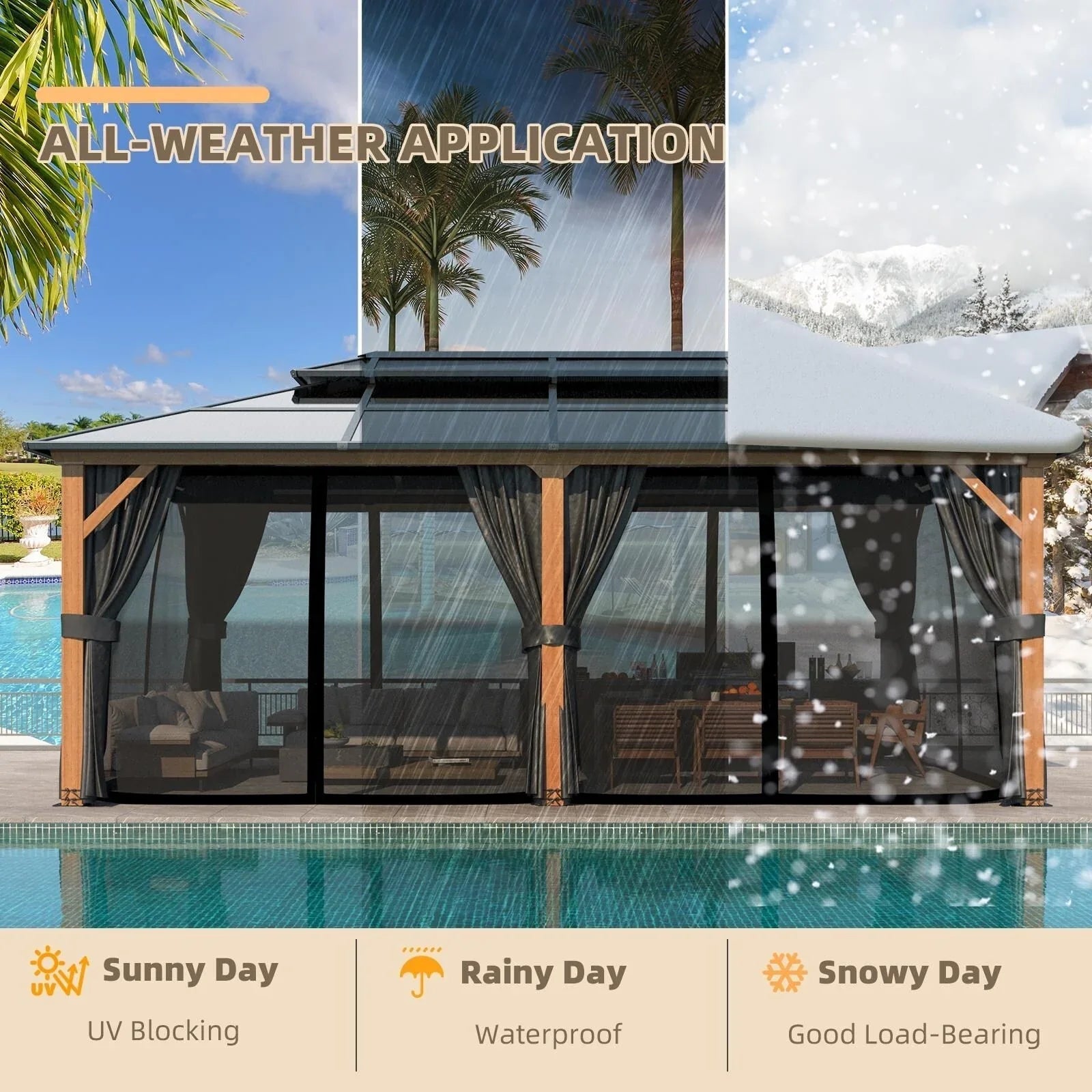 EROMMY Hardtop-Pavillon, Outdoor-Pergola mit Doppeldach & Netzen & Vorhängen, Hochleistungs-Canopy für Terrasse, Garten, Poolparty