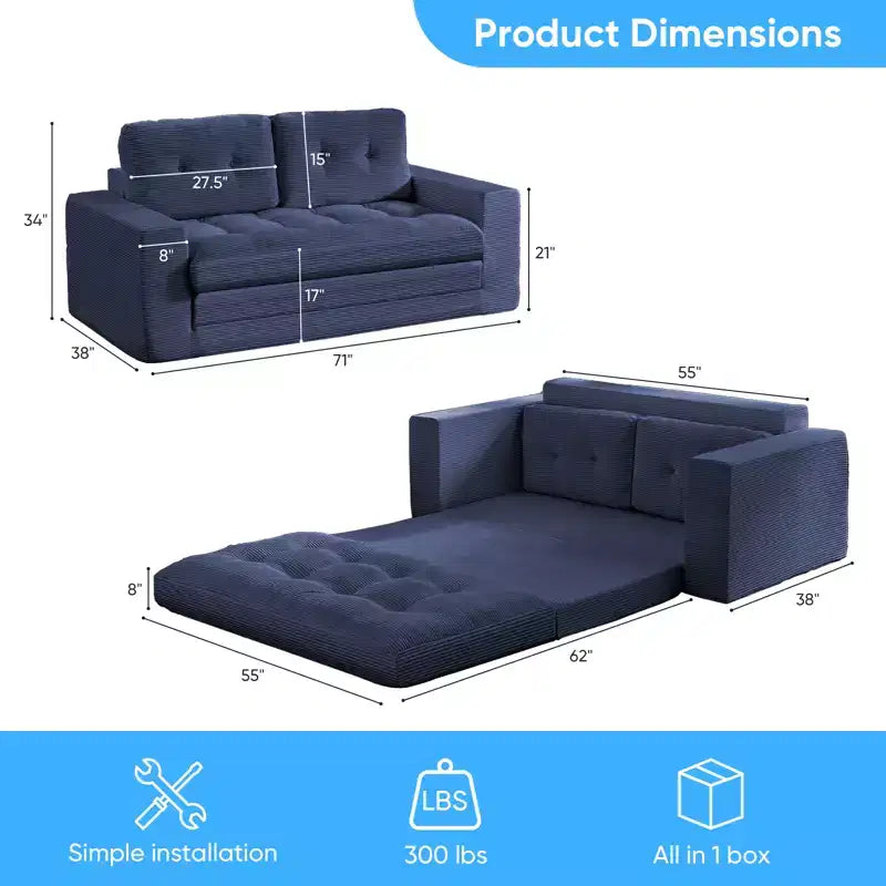 Mjkone 71" 2-in-1 Schlafsofa, umwandelbar, gerippter Stoff, klappbares Zweisitzer-Schlafsofa mit geknöpften Polstern, platzsparend