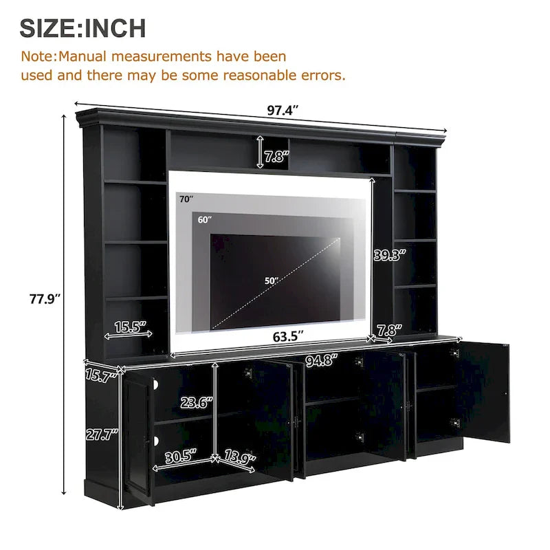 4-teilige Wohnwand mit Brücke für TVs bis zu 70 Zoll, TV-Schrank mit verstellbaren Einlegeböden, große Medienkonsole