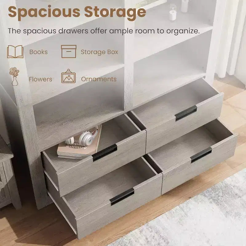 72" hohes Bücherregal mit 4 Schubladen, freistehendes Bauernhaus-Regal für Schlafzimmer, Wohnzimmer, Heimbüro