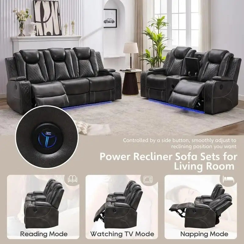 Elektrisches Relaxsofa mit kabellosem Ladegerät, Leselampe für das Wohnzimmer, Kunstleder-LED-Beleuchtung, AC/USB-Anschluss, Getränkehalter, Schwarz