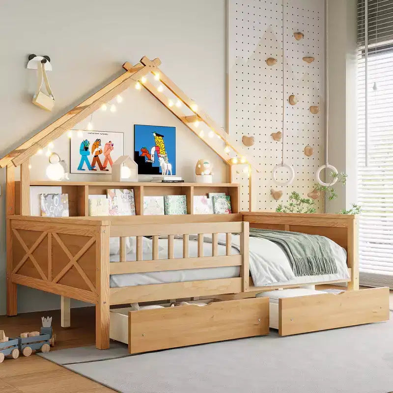 Hausbettgestell in voller Größe mit Schubladen, Haus-Plattformbett mit LED-Beleuchtung, Ablagefächern und Schubladen, Tagesbett aus Holz mit Dach und Geländer