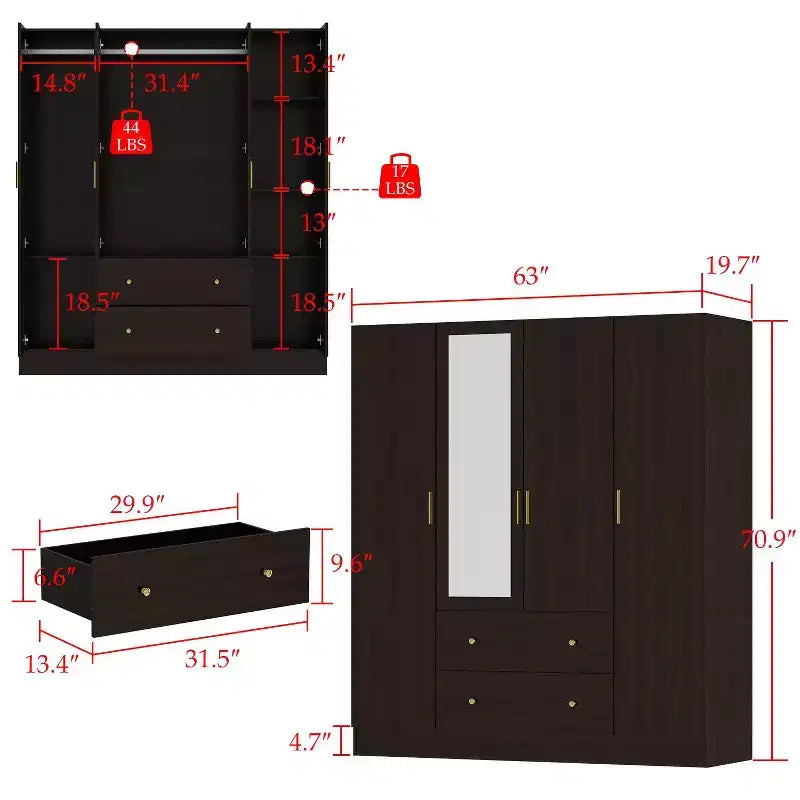 Hitow Kleiderschrank 2 große Schubladen, mittiger Hängeplatz mit Spiegel, minimalistischer Stil
