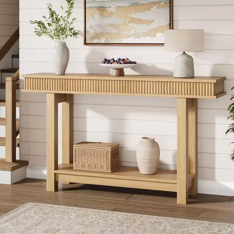 Geriffelter Konsolentisch aus Holz, Bauernhausstil, 2 Etagen mit Ablagefach, rechteckiger schmaler Eingangstisch, hinter dem Sofa, für Foyer, Flur, Wohnzimmer