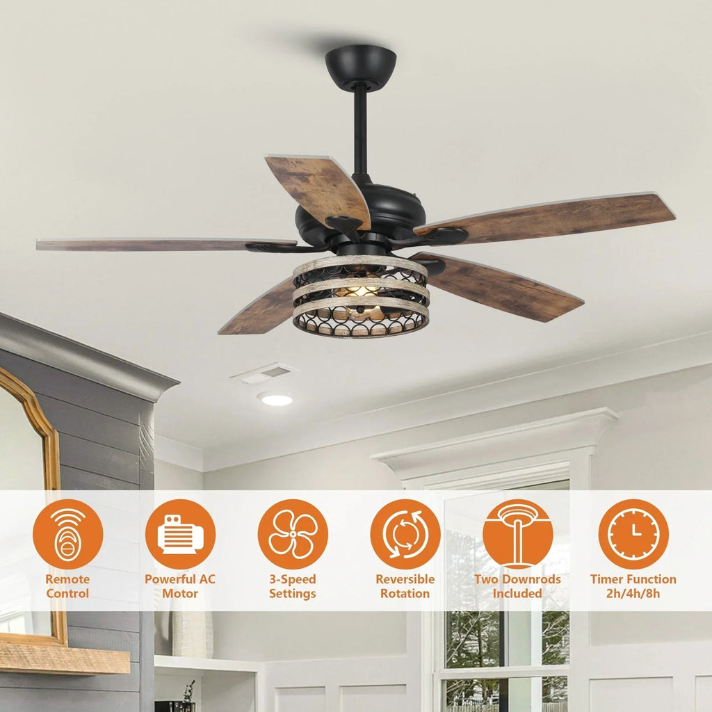 52 Farmhouse Driftwood 5-Flügel Deckenventilator mit Käfig in Schwarz und Fernbedienung
