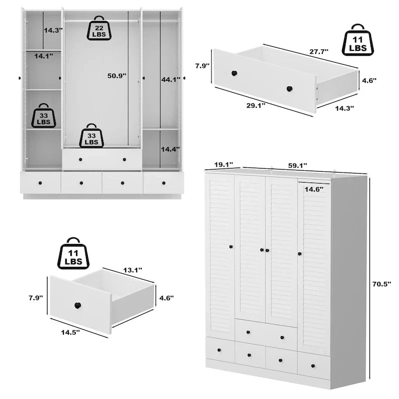 Kleiderschrank Hochschrank Schrank 59B Großer Freistehender Kleiderschrank Weiß