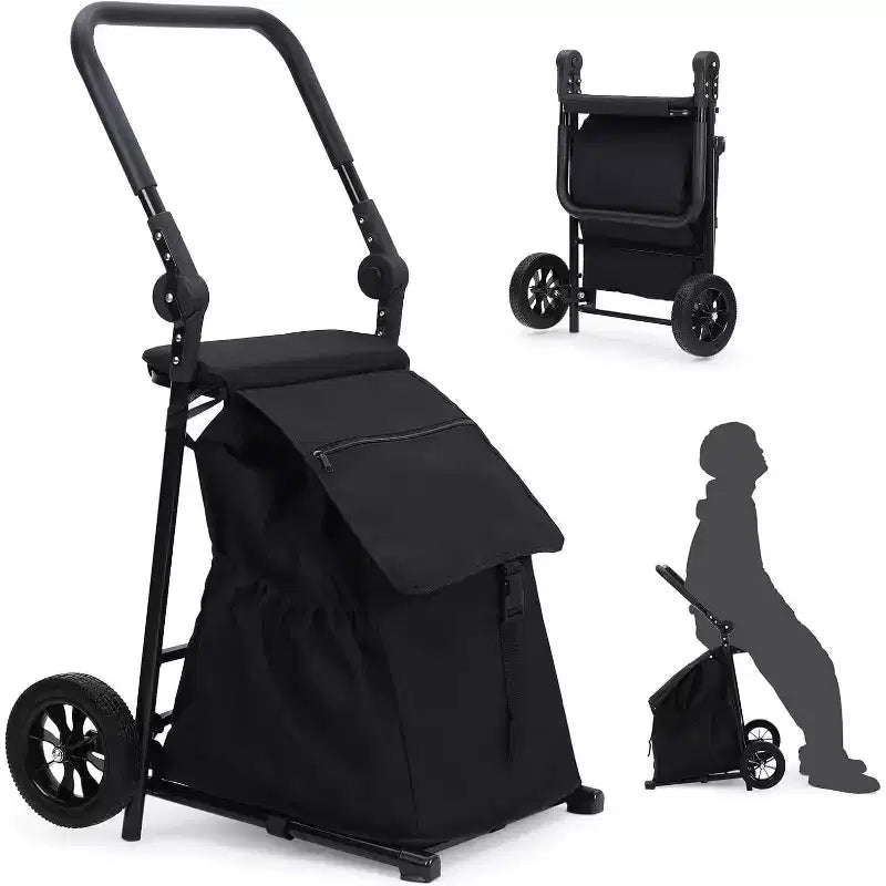 Acekool 2-in-1 faltbarer Handwagen Einkaufstrolley mit abnehmbarer wasserdichter Tasche, dickem Sitzkissen und verstellbarem rutschfesten Griff, Schwarz