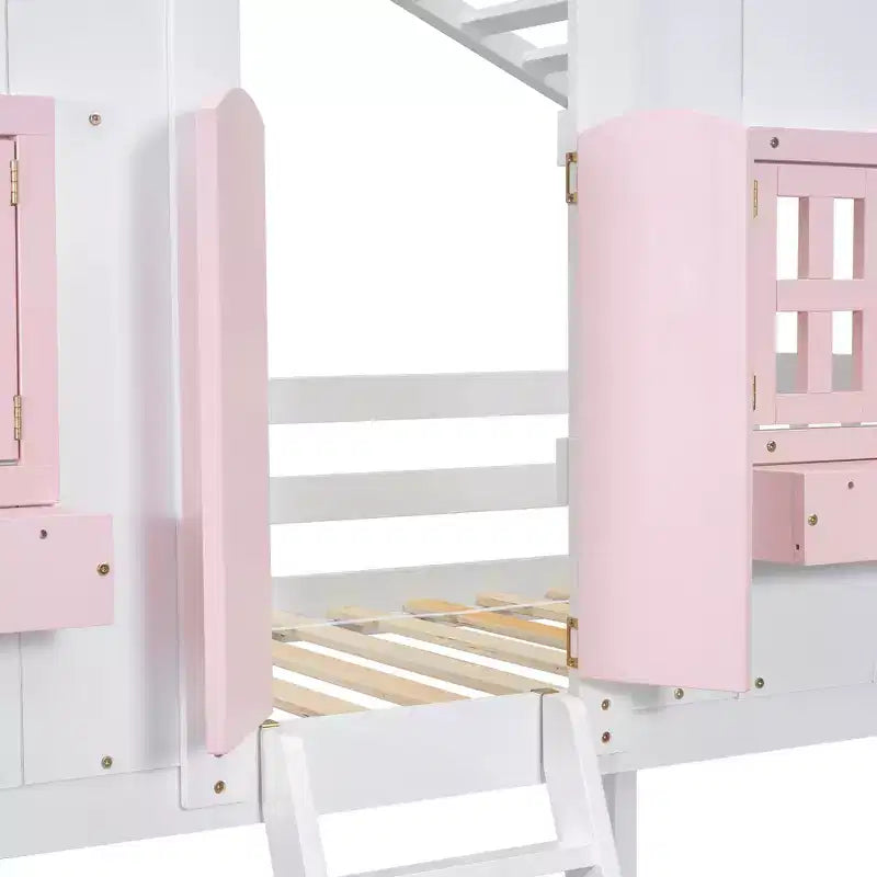 Doppel-Loftbett in Hausform, Holzspielhaus-Loftbett mit Leiter und Schutzgittern für Kinder