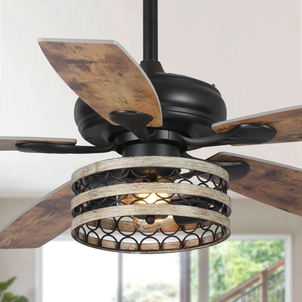 52 Farmhouse Driftwood 5-Flügel Deckenventilator mit Käfig in Schwarz und Fernbedienung
