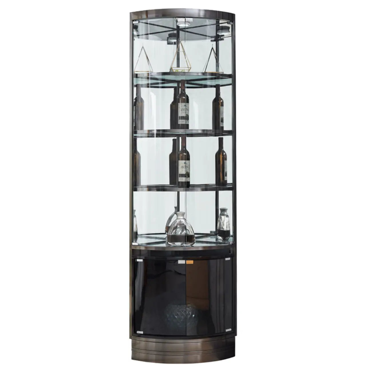 Eck-Weinregal aus Glas und Metall mit mehreren Ablageflächen