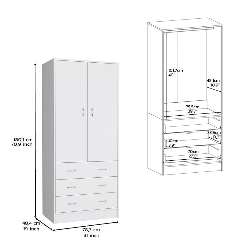 Moderner Doppeltür-Kleiderschrank (19) mit 3 Schubladen und 1 Kleiderstange für das Schlafzimmer