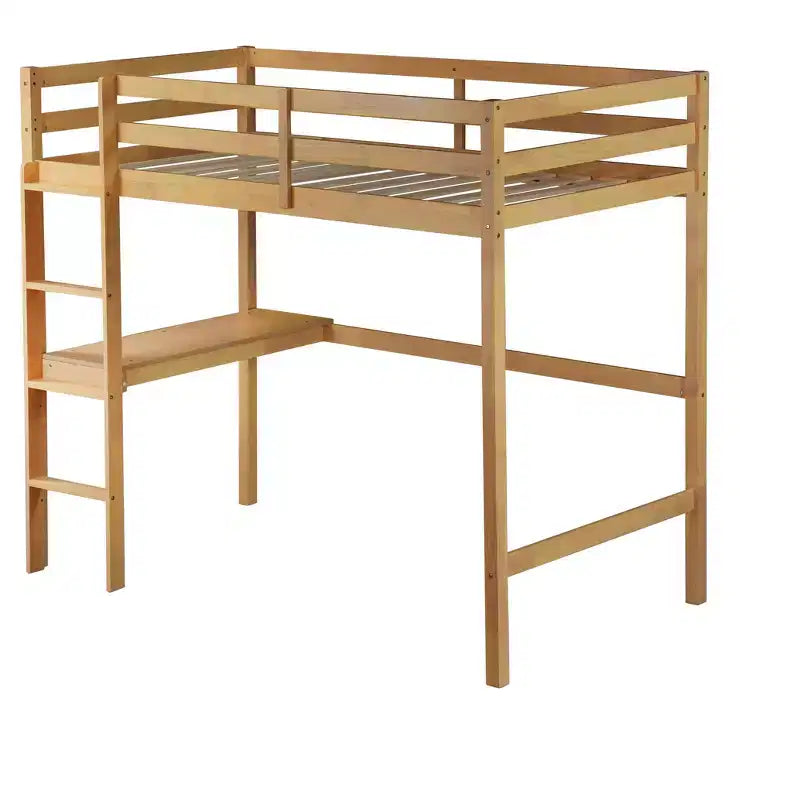 Okak Minimalism Hochbett mit Leiter, Hochbett aus Kautschukholz mit Sicherheitsgeländer und integriertem Schreibtisch, Bettrahmen für Kinder, Jugendliche