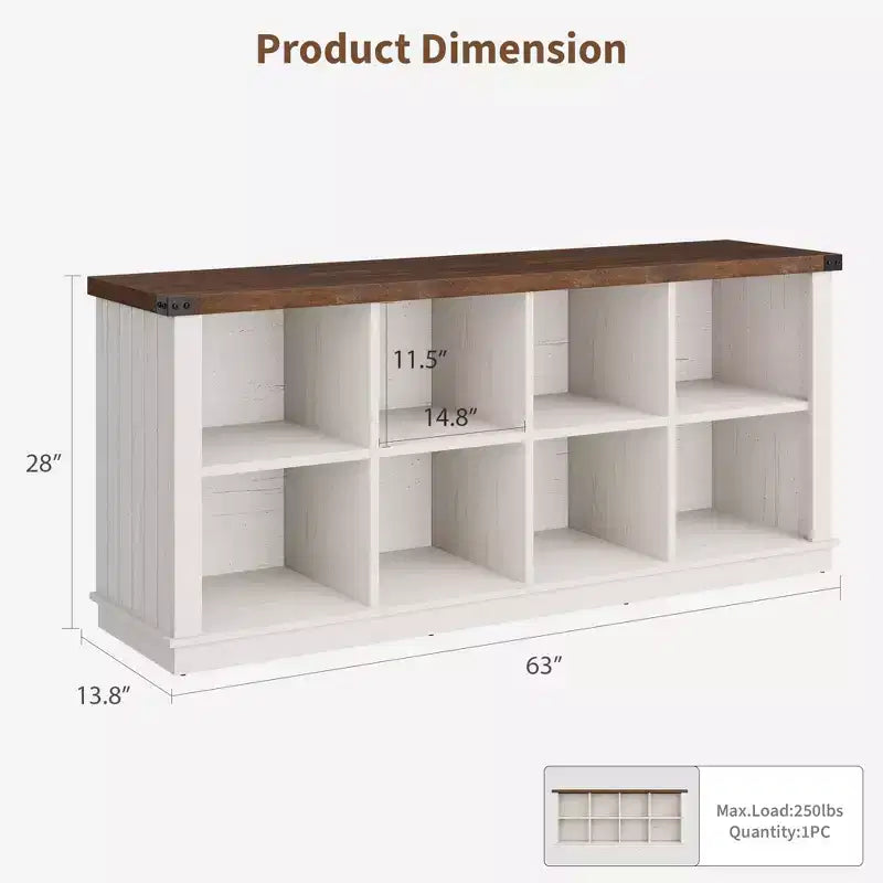 8 Würfelregal, Bücherregal im Landhausstil, 157,5 cm langes Holzregal für den Eingangsbereich, langes, niedriges Bücherregal für das Wohnzimmer