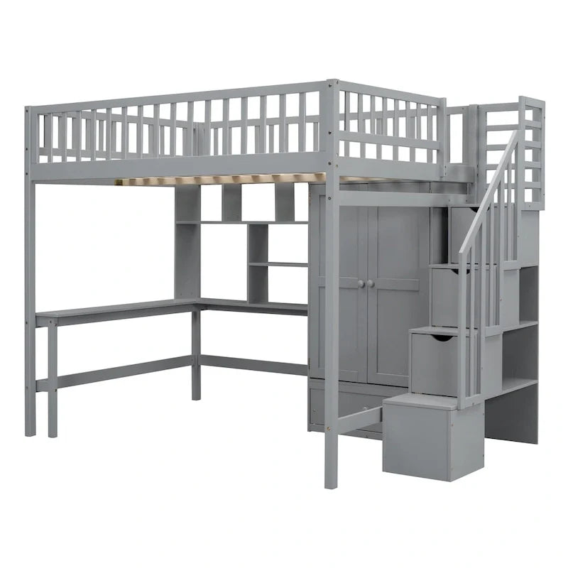 Kiefer-Hochbett mit Schreibtisch und Stauraum