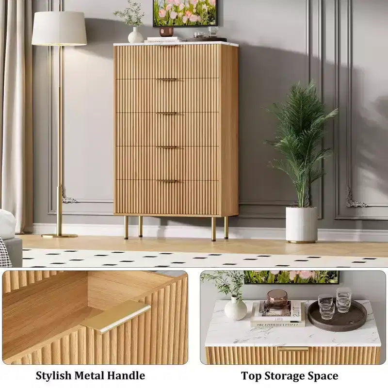 Weiß / Marmor & Holz Kommode mit 5 Schubladen – Geriffelte Platte, für 1 Person