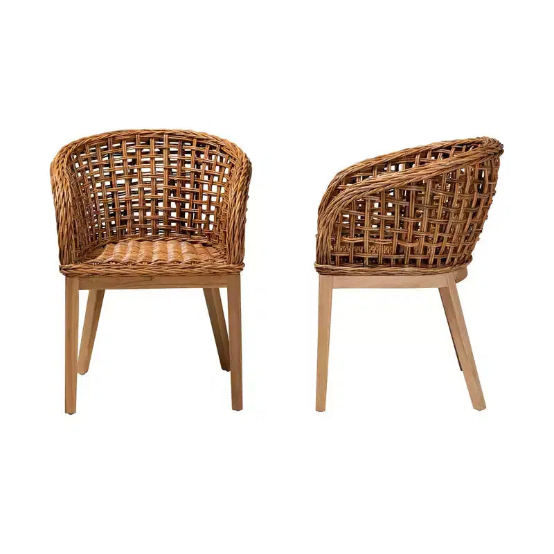bali & pari Mario Modernes, böhmisches Esszimmerstuhl-Set, 2-teilig, aus Natur-Teakholz und Rattan