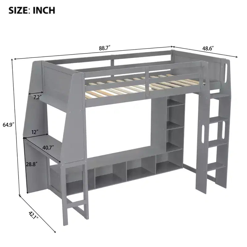 Whisen Wood Gaming-Hochbett (Twin Size) mit Schreibtisch, mehreren Ablagefächern, LED-Beleuchtung und einer Kleiderstange