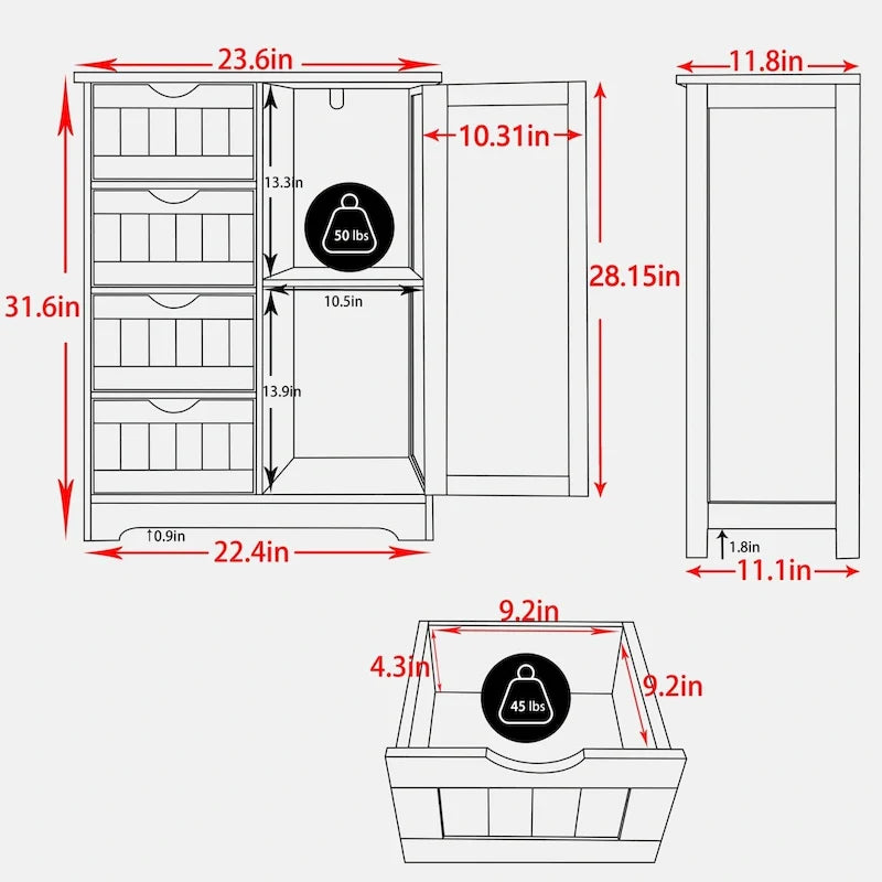 VEIKOUS Badezimmer-Bodenschrank mit 4 Schubladen
