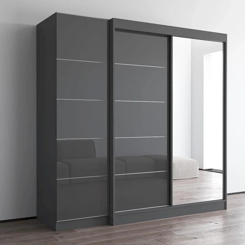 2-türiger Kleiderschrank mit Spiegel, Glasfront, 2-Personen (Grau / Schwarz / Weiß)