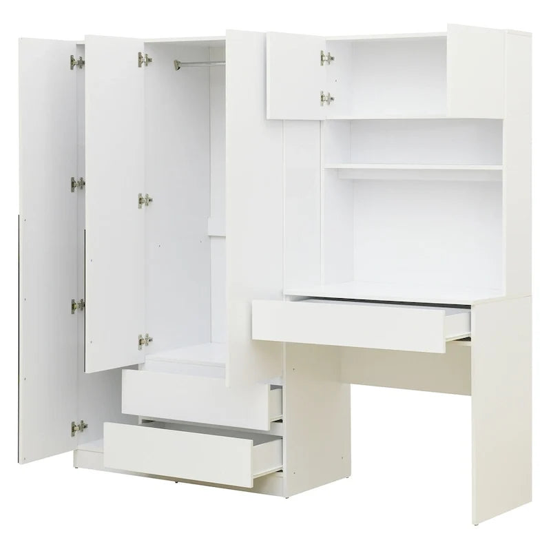 3-in-1 Kleiderschrank mit Schminktisch, Schreibtisch-Set, Schlafzimmer-Schrank mit 2 Schubladen, 3-türiger Aufbewahrungsschrank mit Schreibtisch