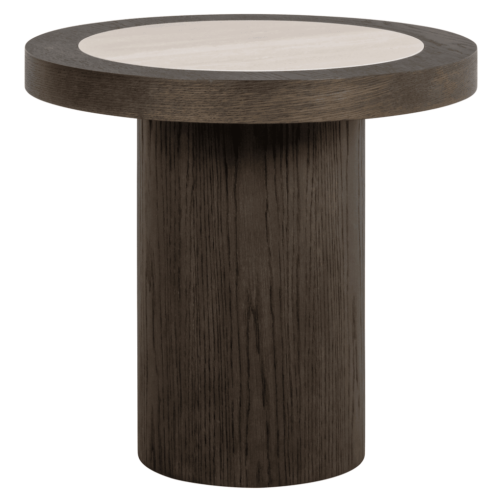 Dunkelbrauner Beistelltisch aus Holz mit Travertinplatte