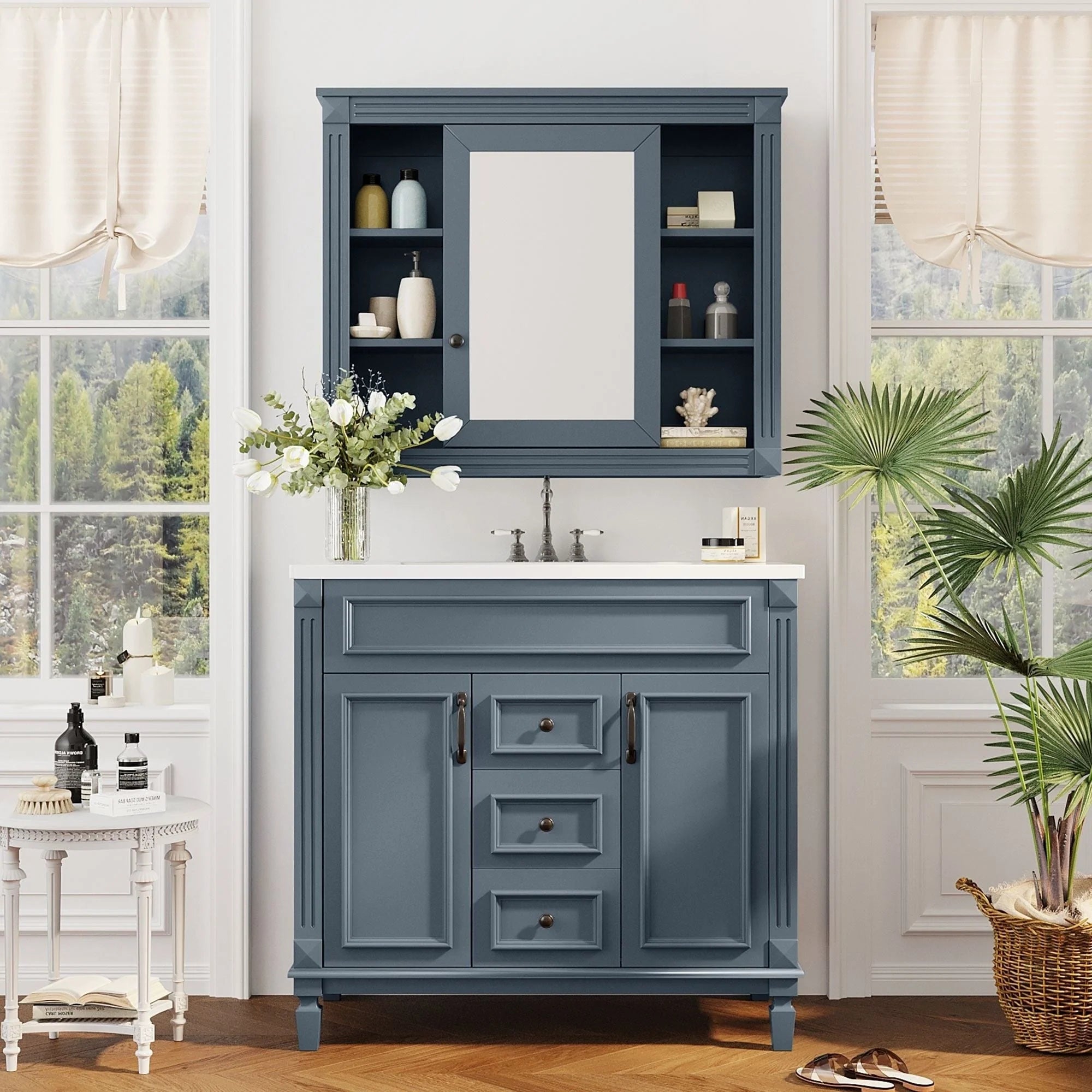 Moderner 36'' Badschrank mit Aufsatzwaschbecken und Spiegelschrank, 2 Türen und 2 Schubladen