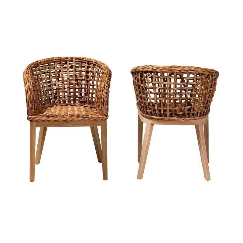 bali & pari Mario Modernes, böhmisches Esszimmerstuhl-Set, 2-teilig, aus Natur-Teakholz und Rattan