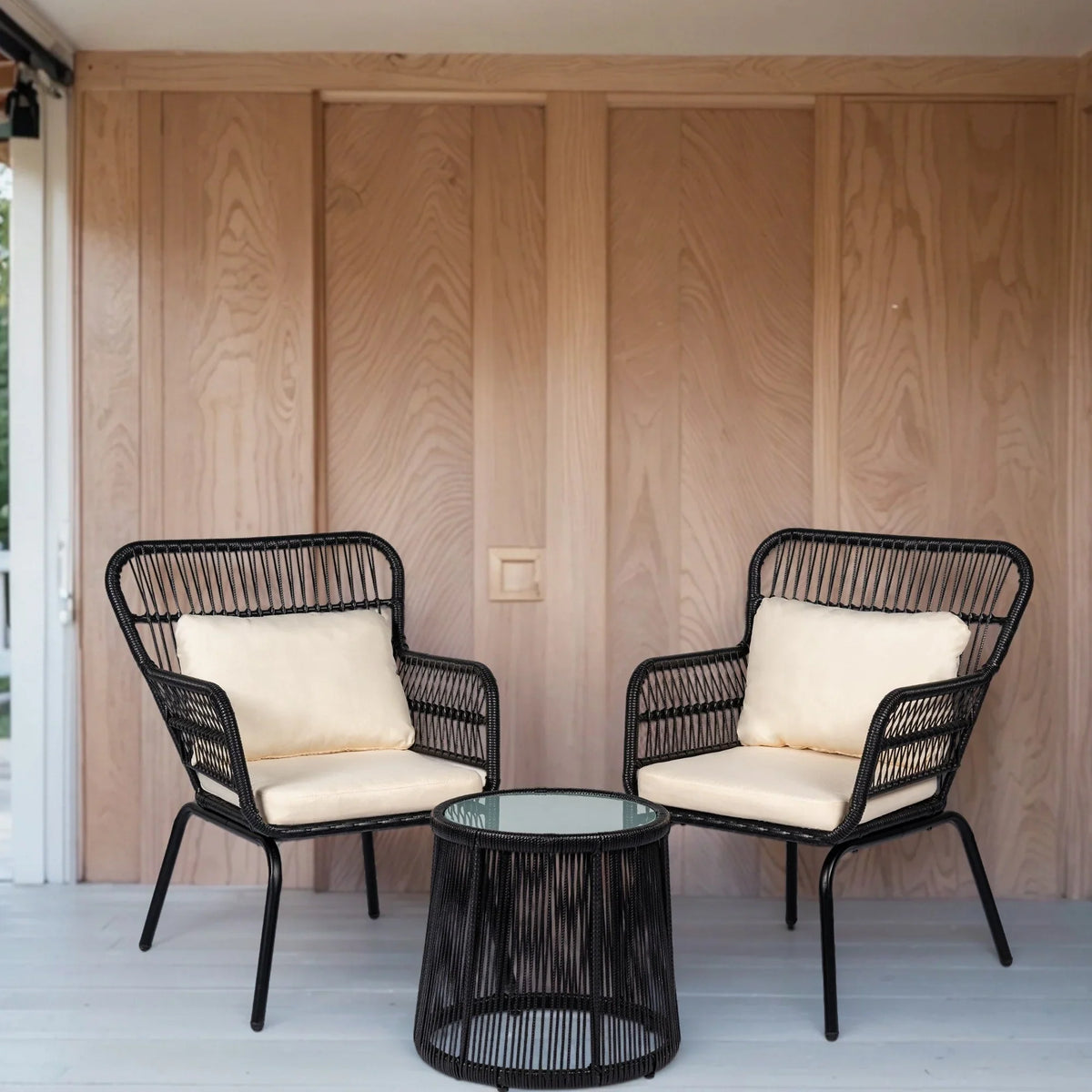 3-teiliges Outdoor-Bistro-Set aus Korbstühlen, witterungsbeständige Rattanmöbel-Sitzgruppe mit Kissen