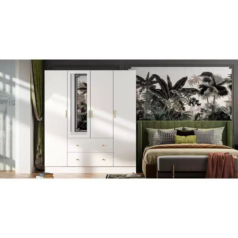 Hitow Kleiderschrank 2 große Schubladen, mittiger Hängeplatz mit Spiegel, minimalistischer Stil