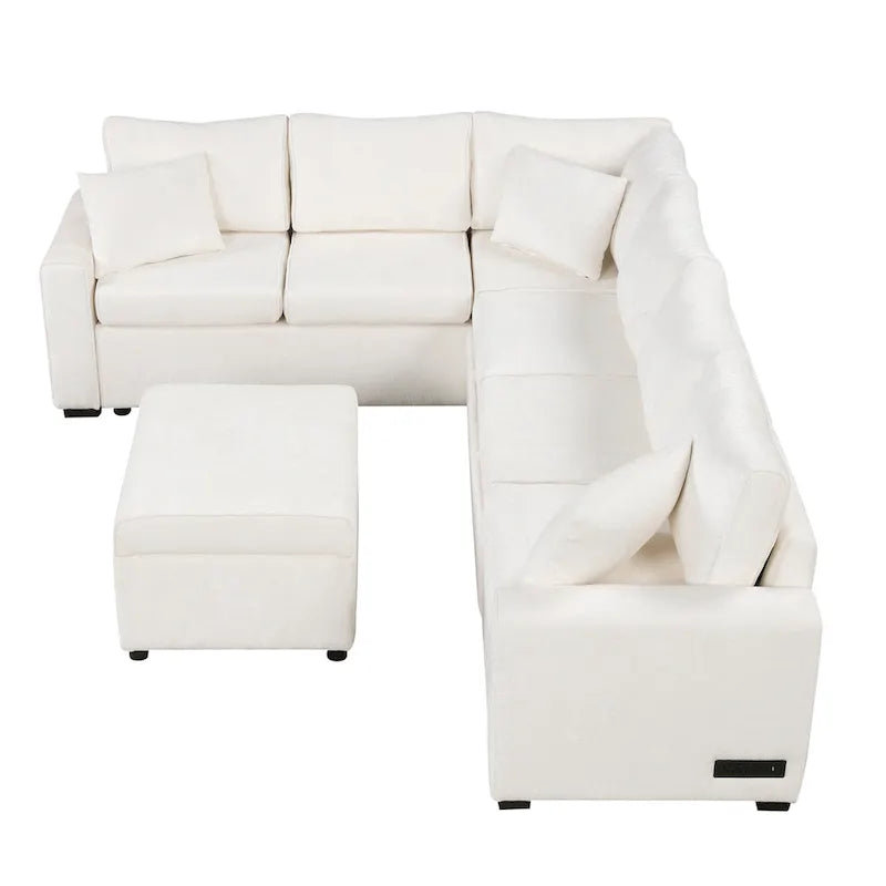 Chenille Ecksofa mit Ausziehfunktion, L-förmiges Schlafsofa mit Stauraum-Ottomane, 3 Kissen und Ladevorrichtungen
