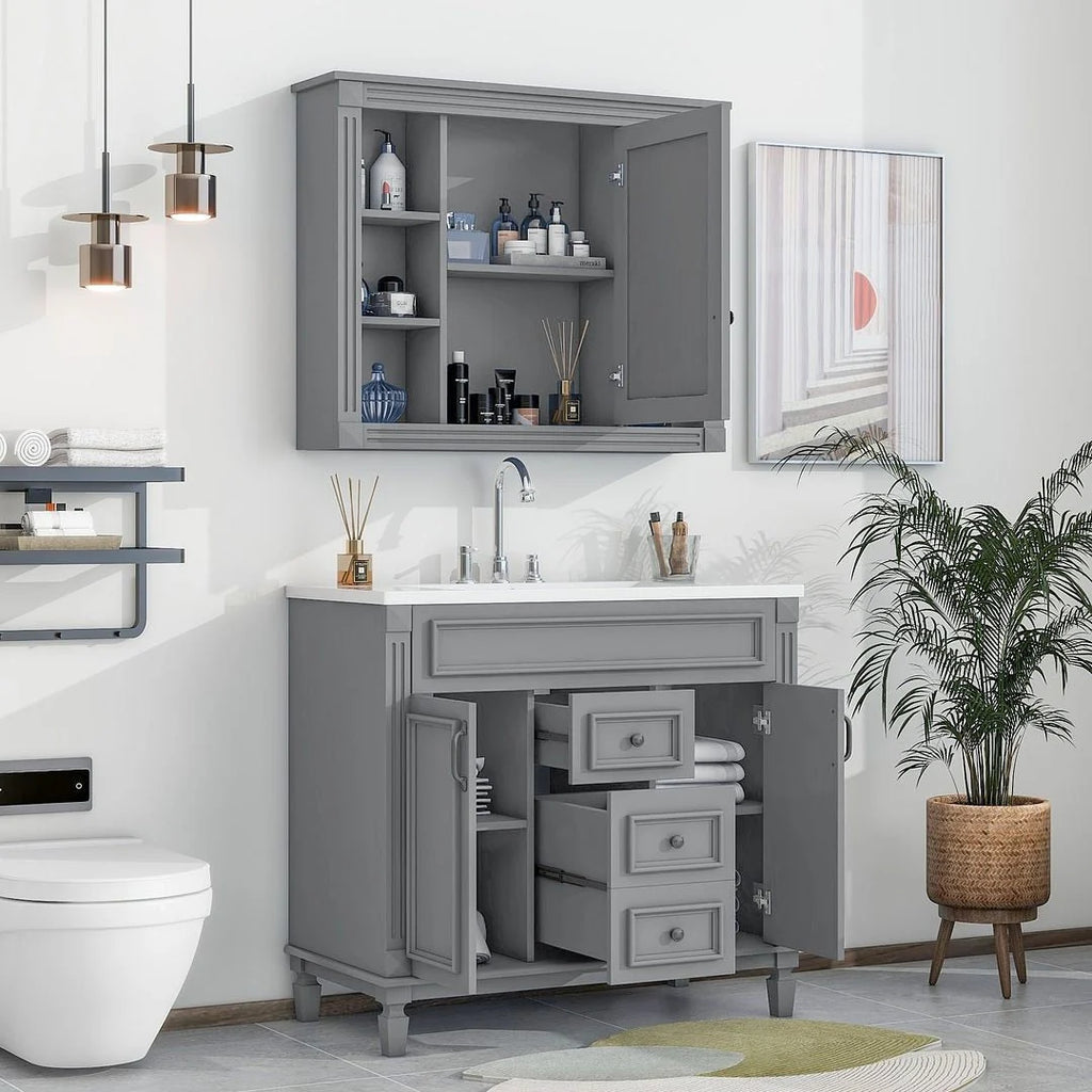 Moderner 36'' Badschrank mit Aufsatzwaschbecken und Spiegelschrank, 2 Türen und 2 Schubladen