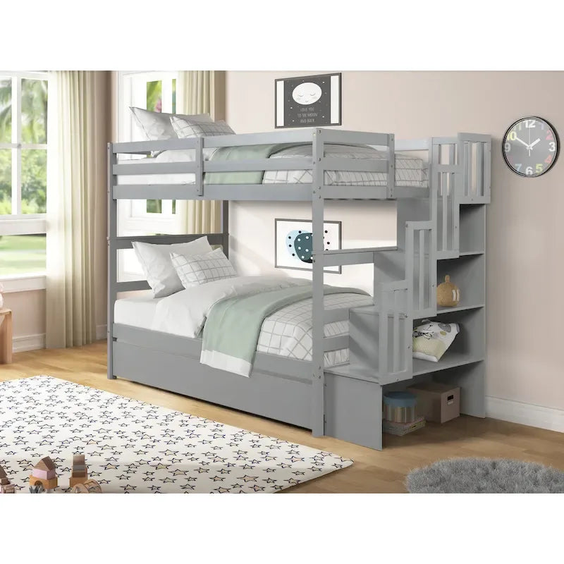 Etagenbett (Twin über Twin) mit ausziehbarem Bett und Treppe mit Stauraum in Grau