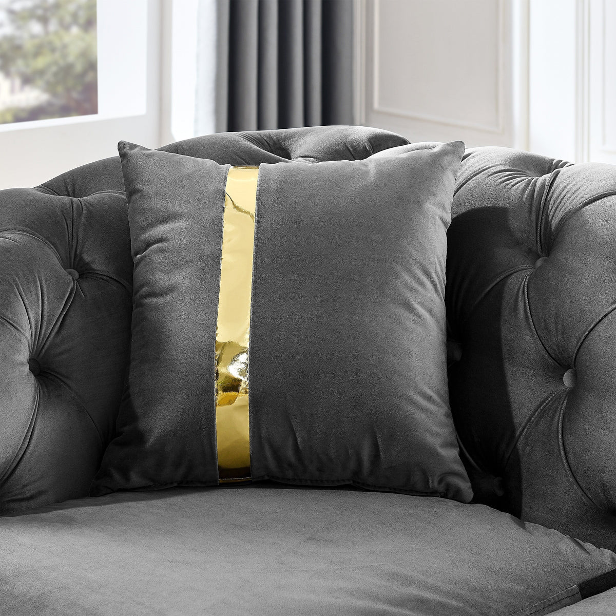90.6 Samt-Dreisitzer-Sofa mit 2 Kissen, hochdichten Polstern, goldenen Akzenten und Kissen