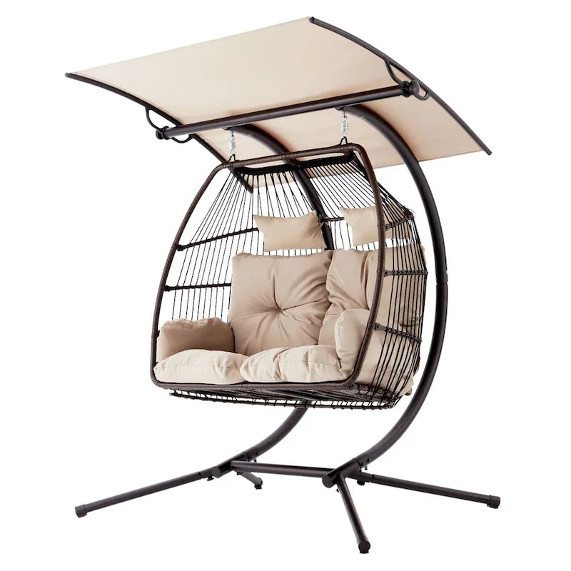 Doppelschaukel-Liege mit Ständer, faltbarer Hängesessel, Hängemattenkissen und Markise, Doppel-Eierstuhl – Beige