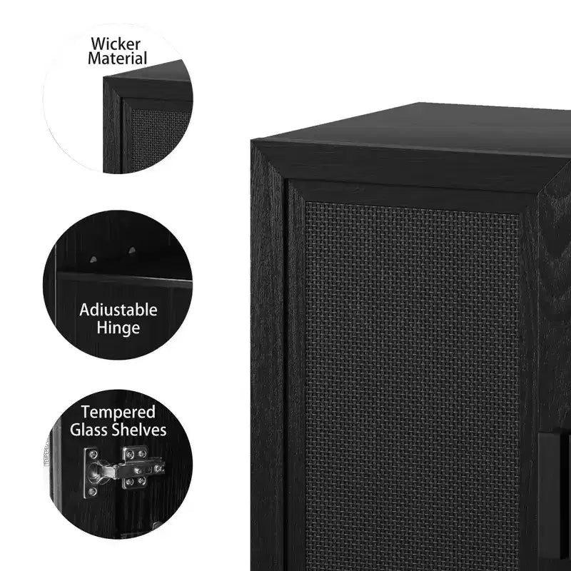 62 High Black Wicker Door Wood Grain Decorative Storage Cabinet with 12 Shelves