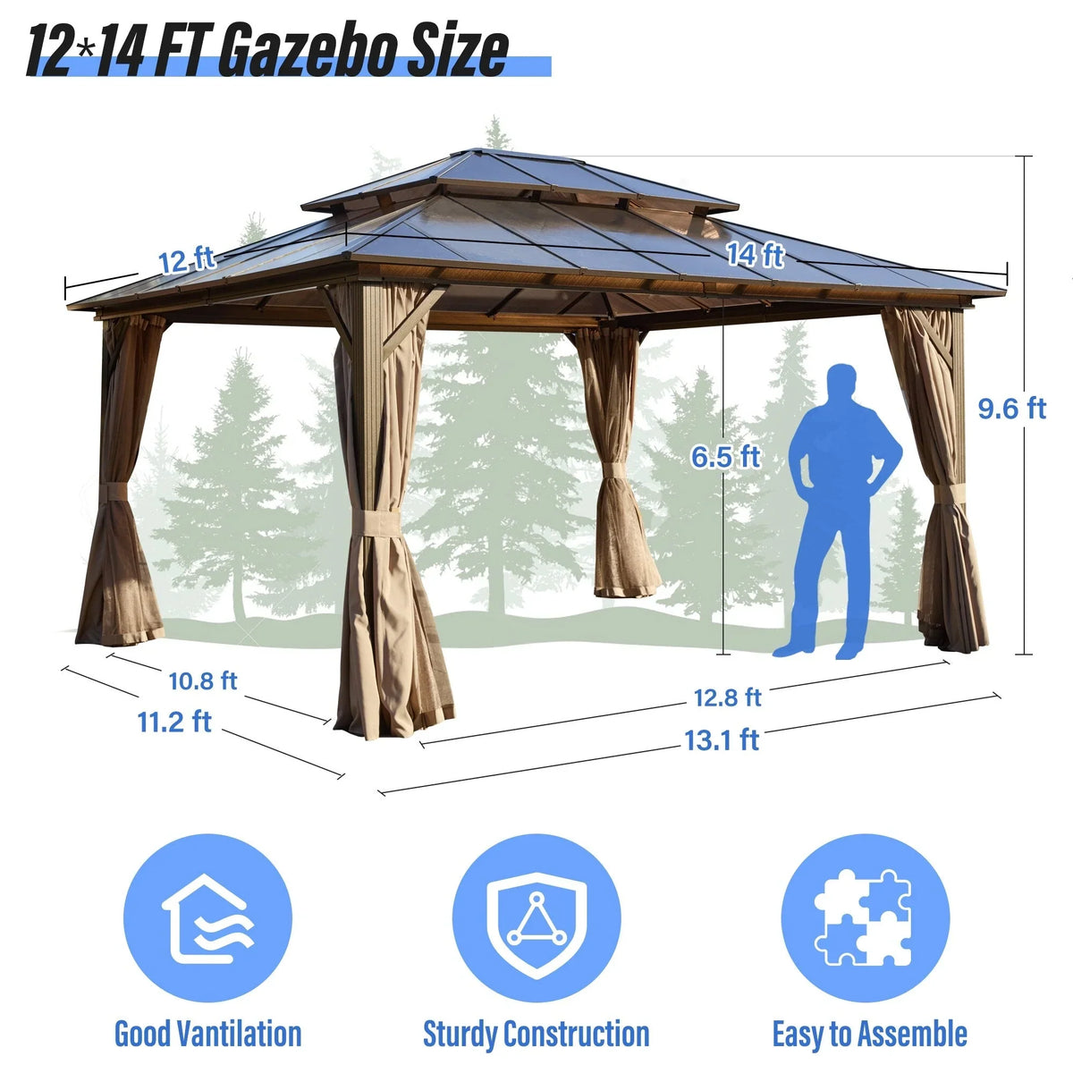 EROMMY Hardtop-Pavillon, Outdoor-Pergola mit Doppeldach & Netzen & Vorhängen, Hochleistungs-Canopy für Terrasse, Garten, Poolparty