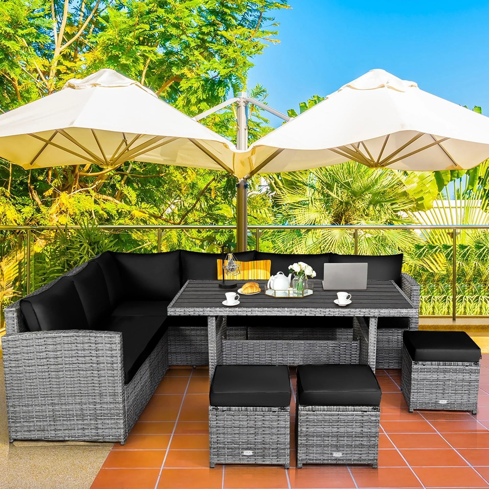 Costway 7-teiliges Terrassen-Essgruppe Rattan-Sofa Couch Ottomane – Details ansehen