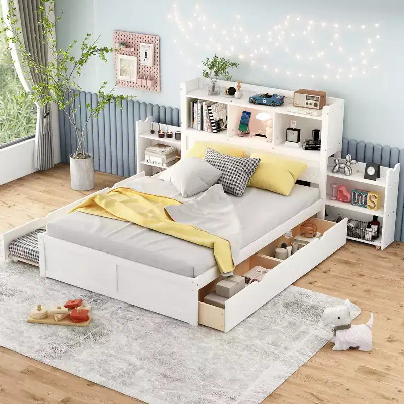 Plattformbett in voller Größe mit Stauraum, Ausziehbett, Kopfteil mit Bücherregal und Ladestation, Bettgestell aus Holz in voller Größe mit Regalen und Schubladen