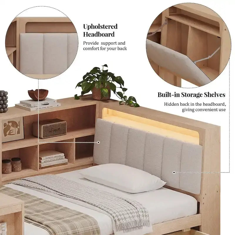 L-förmiges Holzsofa-Tagesbett mit Schreibtisch, Bücherregal, Eckbett mit Schubladen unter dem Bett, gepolstertem Kopfteil und integrierter Beleuchtung