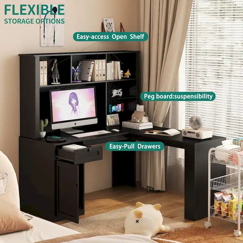 L-förmiger Schreibtisch mit Steckdose, Computertisch mit Schubladen, Regal & Aufsatz, Moderner Eckschreibtisch, Home-Office-Schreibtisch