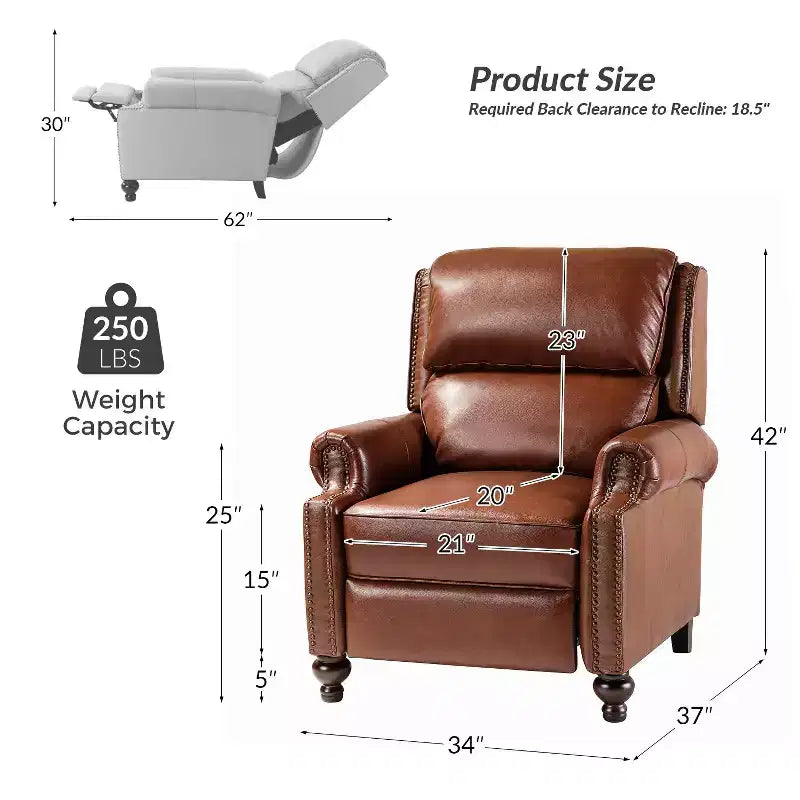 2er-Set Elisabete Modern Wingback Echtleder-Liegesessel mit Vintage-Nagelkopfleiste für Wohn- und Schlafzimmer | ART OF LIVING DESIGNS