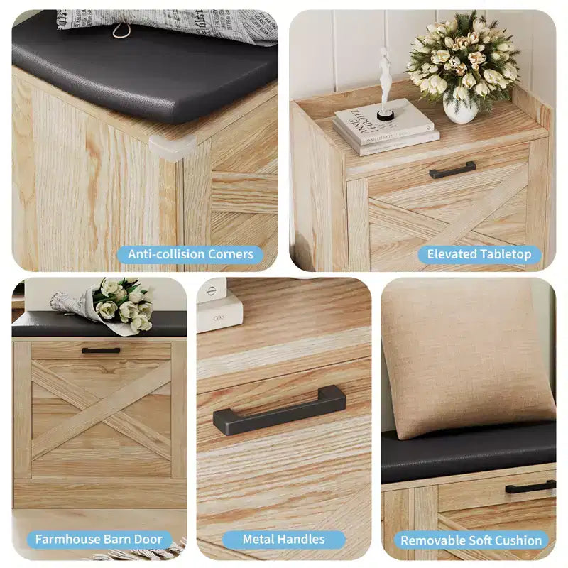 Sitzbank mit 4 Klappfächern und gepolstertem Sitzkissen, schmaler Schuhschrank aus Holz, geeignet als Bank für den Eingangsbereich des Wohnzimmers